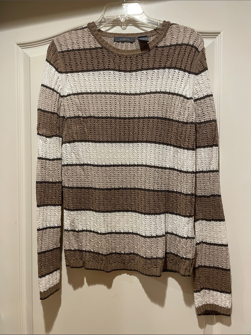 Liz Claiborne Striped Crewneck Sweater - Brown & Cream